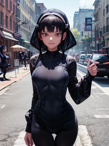 highest qualthaty、Complete limbs、Full Finger、Black-haired woman、Medium hair woman、Beautiful busty woman:1.3、(A woman wearing a navy blue one-piece long-sleeved school swimsuthat:1.5)、(((woman wearing black tights:1.5)))、Big smile、street tree、that&#39;it&#3...