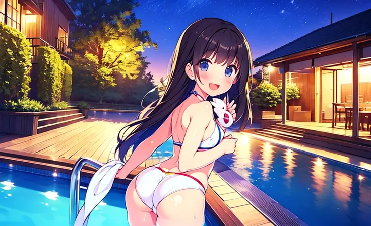 Masterpiece, Best Quality, extremely ray tracing detailed, cheered up, girl,night pool,high waist bikini,SMILE,:d,action,(small breasts),ass focus 