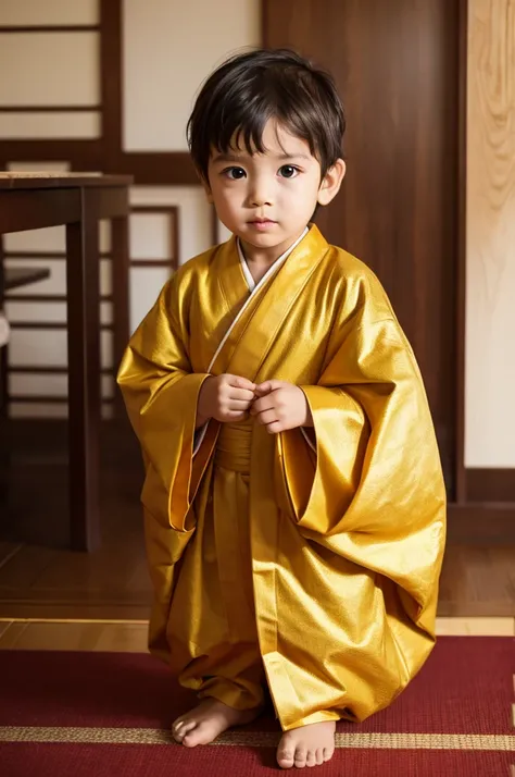 3 year old boy wearing golden robes、Zazen