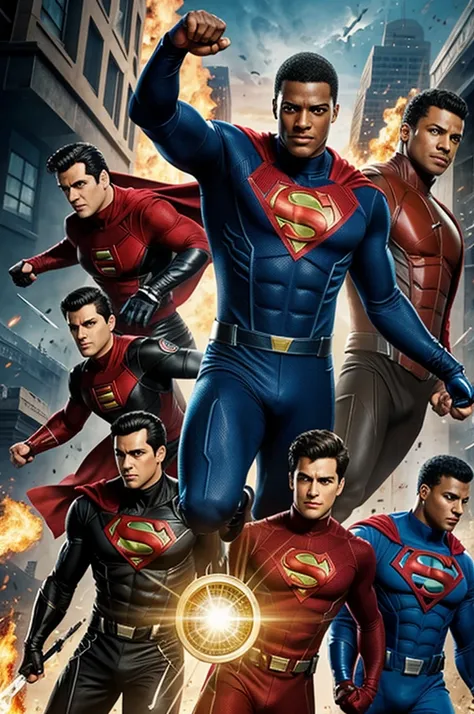 Creates a realistic UHD image of "mr. Terrific along with other members of the Justice Society of America, in a heroic pose. Background of a secret base.