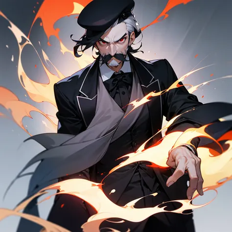 1man, french guy, mustache, tuxedo, beret, white skin, red eyes, looking menacingly, fire