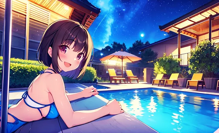 Masterpiece, Best Quality, extremely ray tracing detailed, cheered up, girl,night pool,high waist bikini,SMILE,:d,action,(small breasts),ass focus 