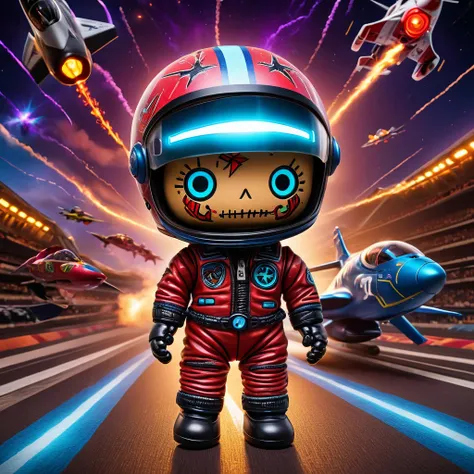 (knitted toy voodoo doll:1.7), (Voodoo at a Jet Race:1.3), (Clothing: pilots suit with glowing jet stream patterns:1.0), (Accessories: enchanted racing helmet emitting sparks of speed magic, levitating futuristic vehicles:1.1), (background: mystical jet ra...