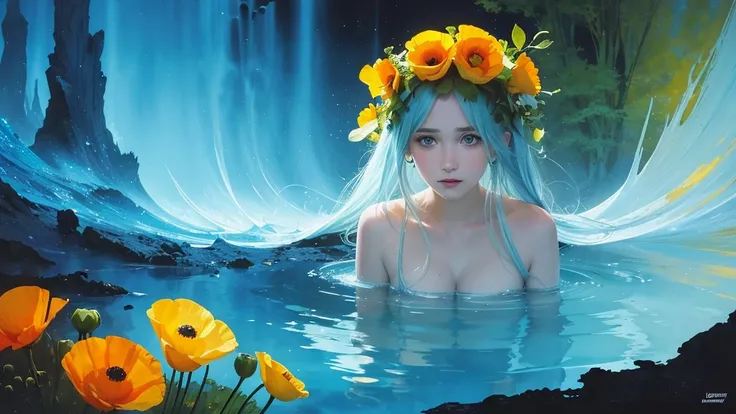 32k, Masterpiece, Highest quality, One girl, Detailed eyes, flower,Iceland Poppy, Blue and yellow style,A dreamy, romantic piece,Pale yellow, Mysterious Leaves,A playful arrangement,Fantasy,High Contrast,Ink strokes,explosion,Exposure, Impression of blue a...