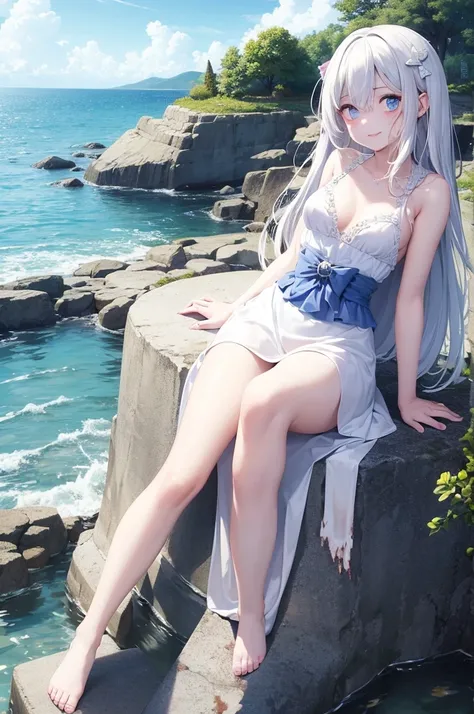 UHD,masterpieces,perfect figure,1girl,solo,white hair,middle breasts,long air,white skin,smooth skin,blue eyes,smilling,speard hair,light-blue dress,beautiful waist,16 years old,white panyhose,nake arms,bows in head back,sitting,bright sky,sunny weather,Tr...