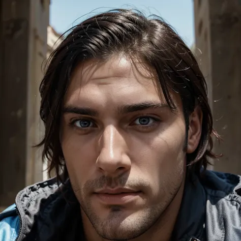 Extremely handsome man with Italian features, He has a marked jaw and his eyes are sky blue., His hair is jet black and he has a dominant look., He has NO facial hair 