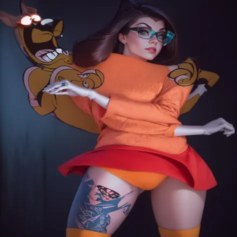 Araffe in disguise with tattoo and glasses posing for a photo, Inspired by Tex Avery, tony, inspired by Hanna-Barbera, lola bunny fanart, velma, distorted pose, madison beer as leeloo, portrait, inspired by Daphne McClure, character photography, ren and st...