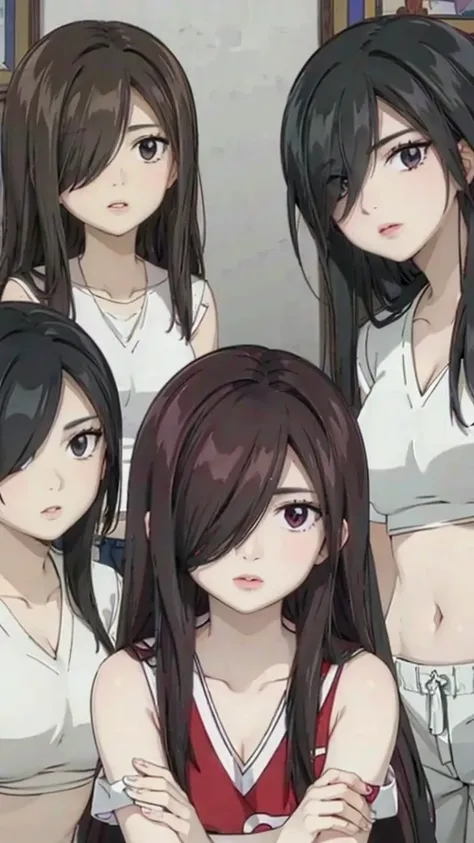 Mommy with 4 daughters,black hair, long hair, (hair over one eye:1.4), messy hair, hair between eyes, chubby cheek,Sexy lips, pucker lips