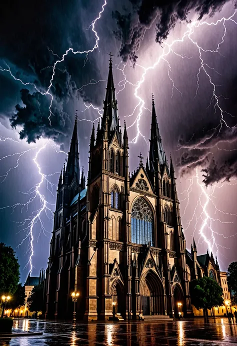 A Gothic cathedral during a thunderstorm, with lighting swirling around the spires and lightning illuminating the ominous clouds.
