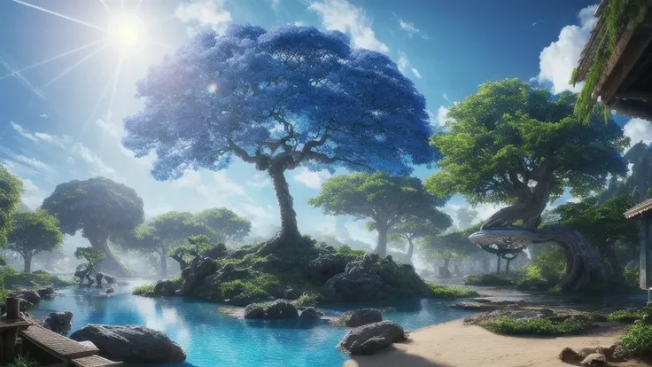 Masterpiece, best quality, high quality, very detailed CG unity 8k wallpaper, hyper-realistic gigantic blue rain tree, in a futuristic prehistoric village, water splash, sand fragments, lens. Flare, deer drinking from a stream, fluffy clouds, detailed, HDR...