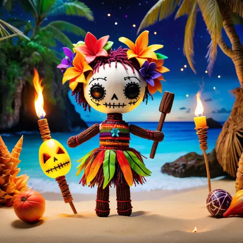 (knitted toy voodoo doll:1.7), (Voodoo at a Magical Island Party:1.3), (Clothing: island-themed outfit with glowing tropical flower patterns:1.0), (Accessories: enchanted ukulele emitting sparks of island magic, levitating exotic fruits:1.1), (background: ...