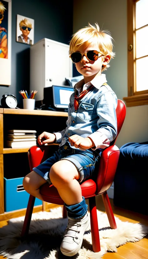 (photo film style), anthropomorphic, cute little blond hair baby boy, wearing sunglasses , in his room, studying, 2D, colorful, warm atmosphere, shiny, sit on his chair, facing us,  Jean-Baptiste Monge style, Alan Lee style
