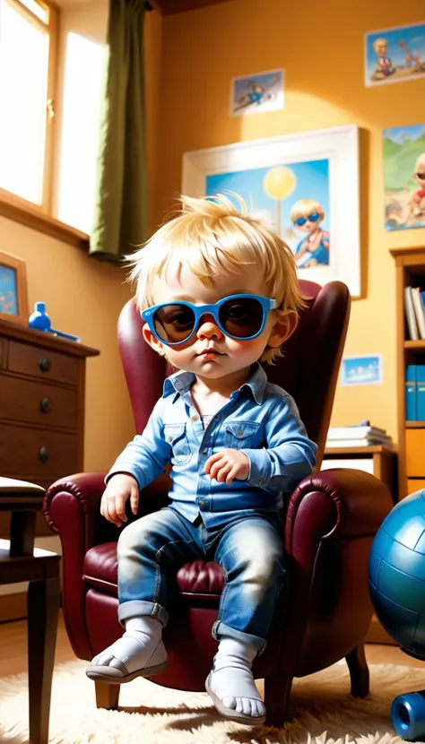 (photo film style), anthropomorphic, cute little blond hair baby boy, wearing sunglasses , in his room, studying, 2D, colorful, warm atmosphere, shiny, sit on his chair, facing us,  Jean-Baptiste Monge style, Alan Lee style
