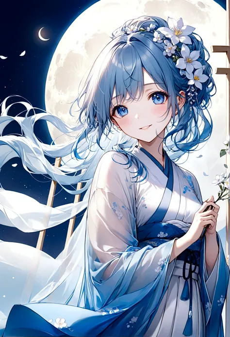 ((top-quality)), ((​masterpiece)), ((ultra-detailliert)), (extremely delicate and beautiful), beautiful woman, bright light blue hair, long wavy hair, hair is in twin loops, sapphire blue eyes, wearing sheer white hanfu dress, flowy sheer blue shawl, hanfu...