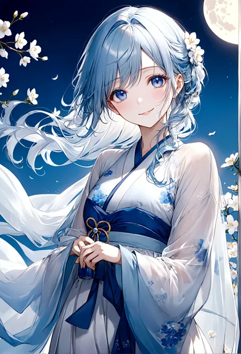 ((top-quality)), ((​masterpiece)), ((ultra-detailliert)), (extremely delicate and beautiful), beautiful woman, bright light blue hair, long wavy hair, hair is in twin loops, sapphire blue eyes, wearing sheer white hanfu dress, flowy sheer blue shawl, hanfu...