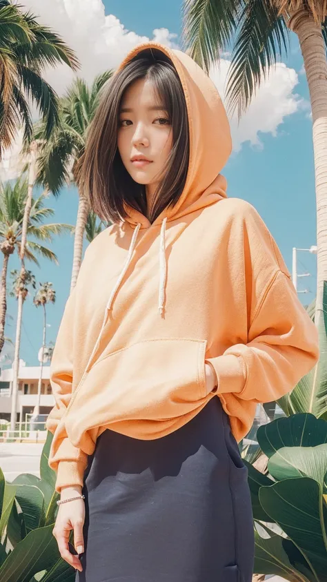 ((long shot photography)) ((best quality)), ((masterpiece)), (detailed),upper body,close-up, 8k, RAW photo,1 girl,(perfect busty body) ,(((blank orange oversized_hoodie))), real polaroid photo, beautiful, ultra-realistic,detail face ,light leak,dark intens...