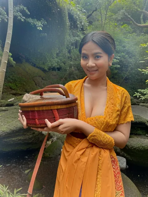 close up, Asian woman with a cheerful face, hair tied in a typical Javanese bun, wearing a red Javanese kebaya with batik pattern, in a fast-flowing rocky river, carrying a big wooden basket full of fruit, a background of rocks, bamboo trees, bushes, big b...