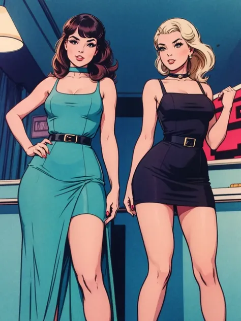 two fashionable young women posing for a picture, retro 60s girls fashion