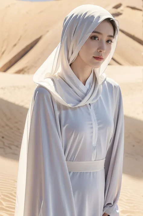 (((best quality))),(((ultra detailed))),(((masterpiece))),illustration,((1 Arabian girl,solo)),((slim,thin,small breasts,flat chest)),summer,(in desert:1.3),white headscarf,(white abaya:1.3),slender legs,(arms behind back:1.2),radiant smile,fair complexion...