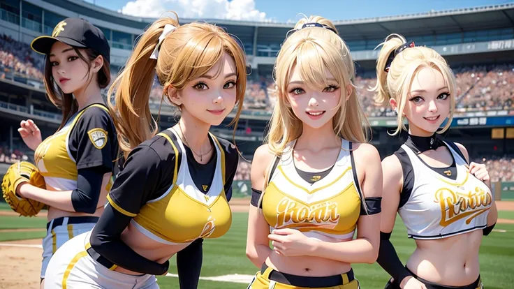 Beautiful cheerleaders playing baseball at Koshien Stadium。Sexy smile、Blonde ponytail、Hanshin Tigers uniform,Beautiful buttocks