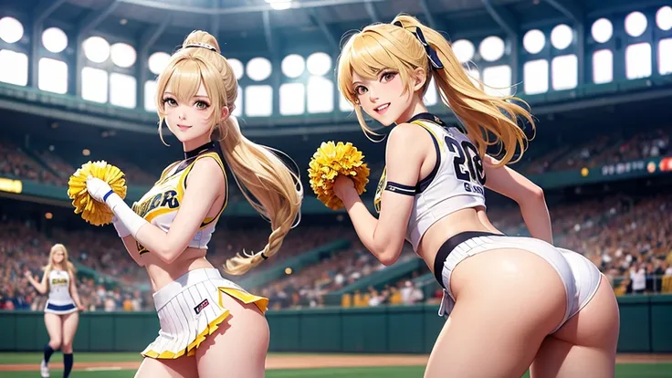 Beautiful cheerleaders playing baseball at Koshien Stadium。Sexy smile、Blonde ponytail、Hanshin Tigers uniform,Beautiful buttocks