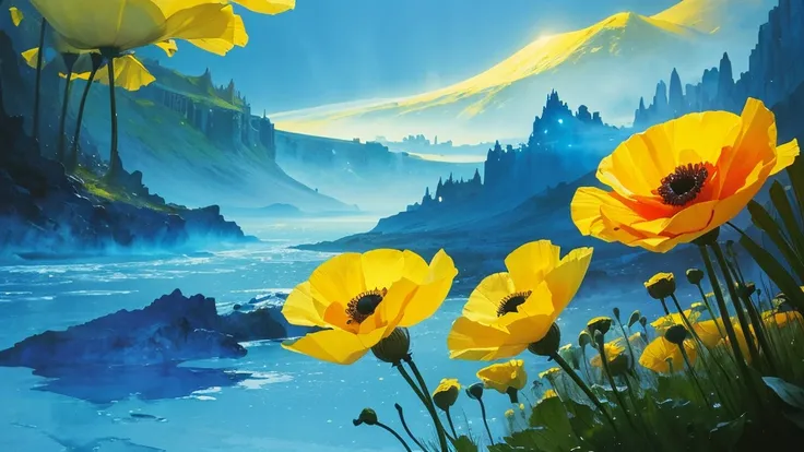 32k, Masterpiece, Highest quality, One girl, Detailed eyes, flower,Iceland Poppy, Blue and yellow style,A dreamy, romantic piece,Pale yellow, Mysterious Leaves,A playful arrangement,Fantasy,High Contrast,Ink strokes,explosion,Exposure, Impression of blue a...