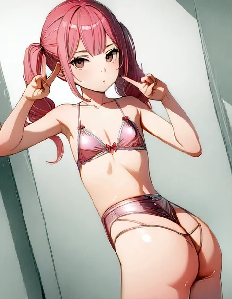 (masterpiece:1.8),(Highest quality:1.8),(Very detailed:1.8),(8K:1.8),(Ultra-fine Illustration:1.5),Braided twin tails,Flat Chest,Small Ass,(Shiny Metallic Pink,Shiny Lingerie:1.4),Amy lace garter belt,(Peace pose:1.5),School,Full body angle),