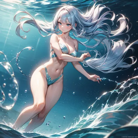 NSFW, s絵xy, erotic, A breathtakingly beautiful and graceful mermaid with flowing, shimmering scales and long, wavy hair, swimming playfully in crystal-clear water in a realistic anime style. Her hair and scales are glossy and radiant, reflecting the light....