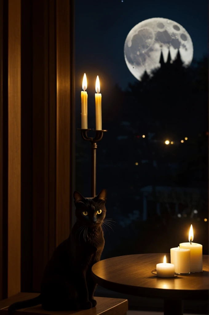 A black cat is alone in a room, Sitting at a table. The room is simple, with smooth walls and a large window showing a clear view of the full moon in the night sky. On the table in front of the cat is a birthday cake with a single lit candle.. The cat seem...