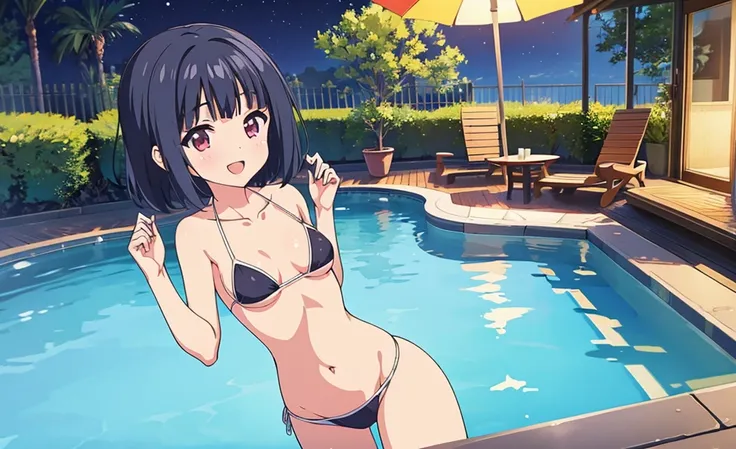 Masterpiece, Best Quality, extremely ray tracing detailed, cheered up, girl,night pool,high waist bikini,SMILE,:d,action,(small breasts),ass focus 