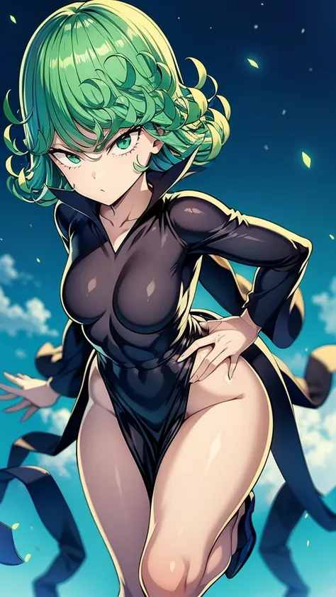 Tatsumaki , Dynamic positions have a golden part, fragile physique, Street, floats in the air, close up portrait, stands leaning towards the floor, beautiful , White Nurses Coat, Short skirt, breasts fall out from under the robe, leans forward,  very eroti...