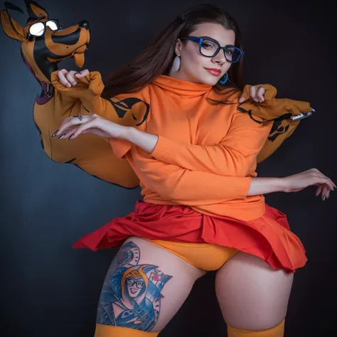 Araffe in disguise with tattoo and glasses posing for a photo, scooby doo