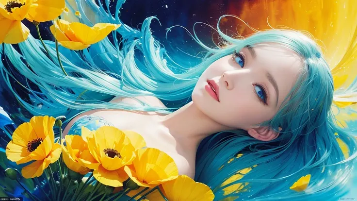 32k, Masterpiece, Highest quality, One girl, Detailed eyes, flower,Iceland Poppy, Blue and yellow style,A dreamy, romantic piece,Pale yellow, Mysterious Leaves,A playful arrangement,Fantasy,High Contrast,Ink strokes,explosion,Exposure, Impression of blue a...