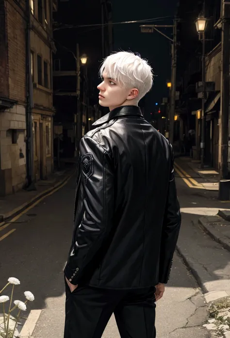 a white-haired young man has his back to the vieweri in the middle of a busy city    Amidst blood-stained dandelions.              
 black jacket and black trouser.