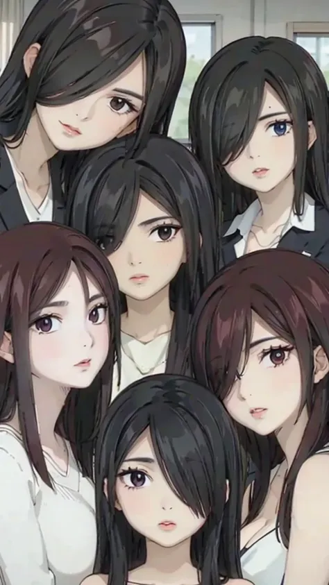 Mommy with 4 daughters,black hair, long hair, (hair over one eye:1.4), messy hair, hair between eyes, chubby cheek,Sexy lips, pucker lips