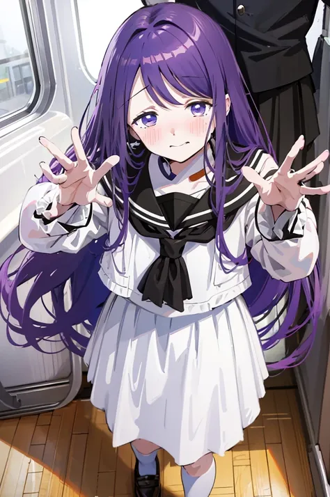 Sailor suit、Black Skirt、Holding white panties、Black Skirt、Take off the white panties、Smirking face、Blushing、Black Skirt、Light purple hair、Semi-long hair、、Japanese school uniform、schoolgirl、on the train、fishing革、、８K,Masterpiece、Light purple hair、Semi-long h...