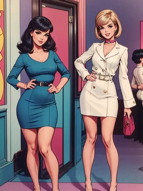 two fashionable young women posing for a picture, retro 60s girls fashion