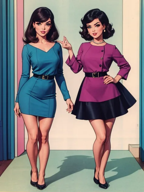 two fashionable young women posing for a picture, retro 60s girls fashion