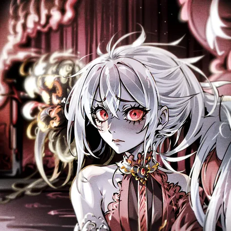 In the secluded kingdom of the Hazbin Hotel, charming feminine broken demon doll exists as the only character, with intricate gold patterns on broken porcelain skin.. with black & white hair as a result of injury and fiery red eyes, she has a ghostly and m...