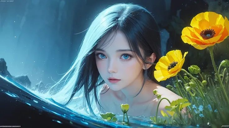 32k, Masterpiece, Highest quality, One girl, Detailed eyes, flower,Iceland Poppy, Blue and yellow style,A dreamy, romantic piece,Pale yellow, Mysterious Leaves,A playful arrangement,Fantasy,High Contrast,Ink strokes,explosion,Exposure, Impression of blue a...