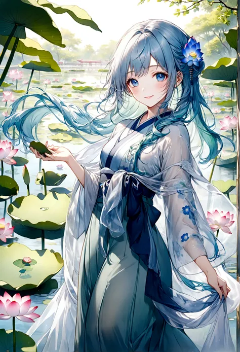 ((top-quality)), ((​masterpiece)), ((ultra-detailliert)), (extremely delicate and beautiful), beautiful woman, bright light blue hair, long wavy hair, sapphire blue eyes, traditional chinese hairstyle, wearing sheer blue hanfu dress, flowy shawl, sheer spr...