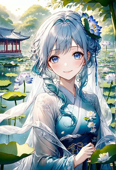 ((top-quality)), ((​masterpiece)), ((ultra-detailliert)), (extremely delicate and beautiful), beautiful woman, bright light blue hair, long wavy hair, sapphire blue eyes, traditional chinese hairstyle, wearing sheer blue hanfu dress, flowy shawl, sheer spr...