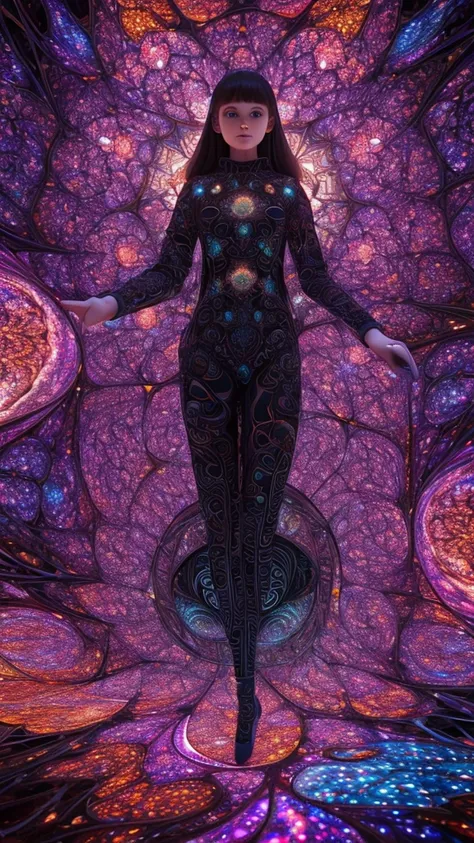 A hyperrealistic girl in a kaleidoscope-inspired fractal space, surrounded by twisted Mandelbrot fractals and wonderful architecture, with gloved hands reaching out from a black hole, photorealistic, extremely detailed, intricate texture, eerie, dark, susp...