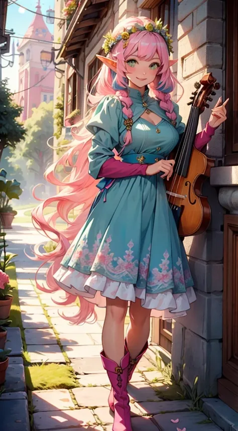 beautiful adult women elf, long pink hair and blue streaks hair, green eyes, with flower crown, smile, flirty bard, holding a lyre, boots, blue and pink armor dress, medium bust, 
