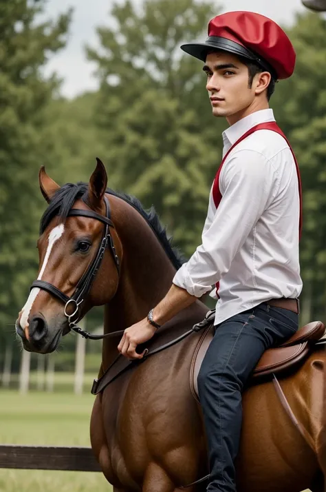 I want to create a profile photo for my TikTok that has this text “<3 Rumbero “make it very elegant in the background, a good dark red horse with a young man riding with the red cap facing back.”