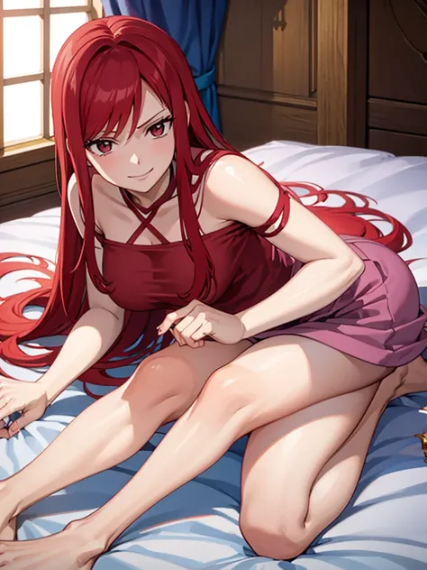 full body picture of 1 girl: erza scarlet, smiling, laying down in bed wearing rin tohsaka outfit, in a room with huge church-li...