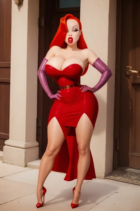 Sexy woman big breasts thick thighs red dress long high heels red gloves long red hair fleshy mouth, TAN STOCKINGS GATHER BELT ON ONE LEG, high heels, sun shiny day 