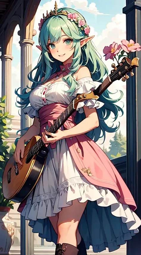 beautiful adult women elf, long pink hair and blue streaks hair, green eyes, with flower crown, smile, flirty bard, holding a lyre, boots, blue and pink armor dress, medium bust, 
