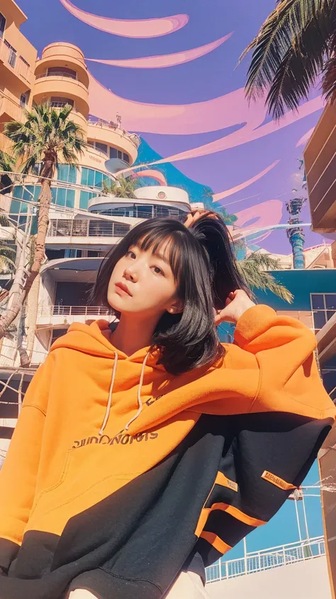 1 girl, beautiful, black bob hair, almond eye, no makeup, ((orange oversized hoodie)), (purple tennis skirt) in front of 80s architecture colorful motel,(from below:1.2), (realistic:1.2), (surreal:1.3), (very detailed:1.1), ((masterpiece)),summer, blue sky...