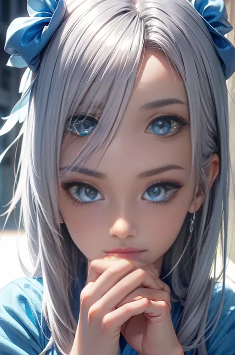 Transparent silver hair))、Semi-long hair、((Shiny blue eyes))、(Cute Summer Clothes)、resolution, unity 8k wallpaper, (figure:0.8), (Detailed and beautiful eyes:1.6), Highly detailed face, Perfect lighting, Extremely detailed CG, (Perfect hands, Perfect Anato...